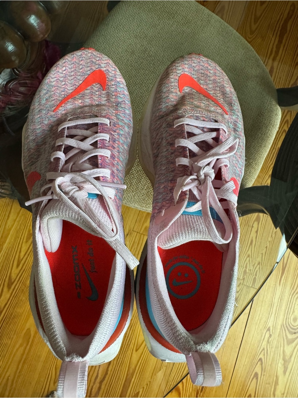 Nike Women's Pink Knit Sneakers with Bright Orange Swoosh